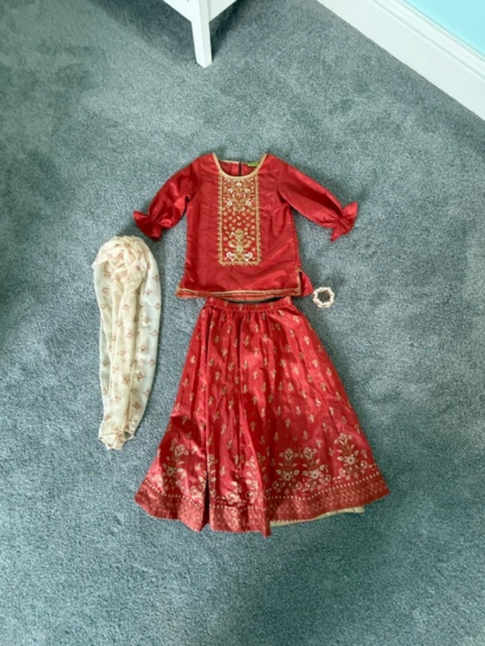 NWOT- Aureli Girls 6/7 (Small) Orange & Gold-Toned Printed Fusion Lehenga Choli